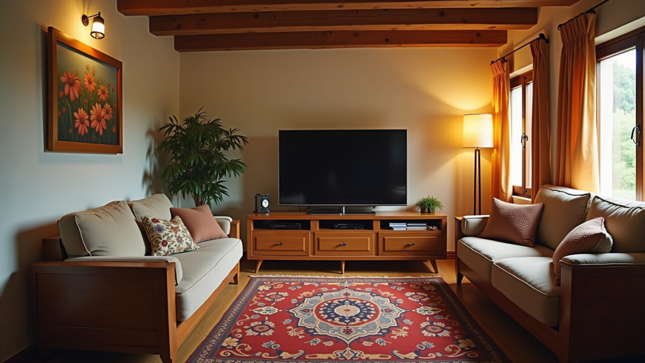 Sala de TV aconchegante com sofá confortável e iluminação quente.