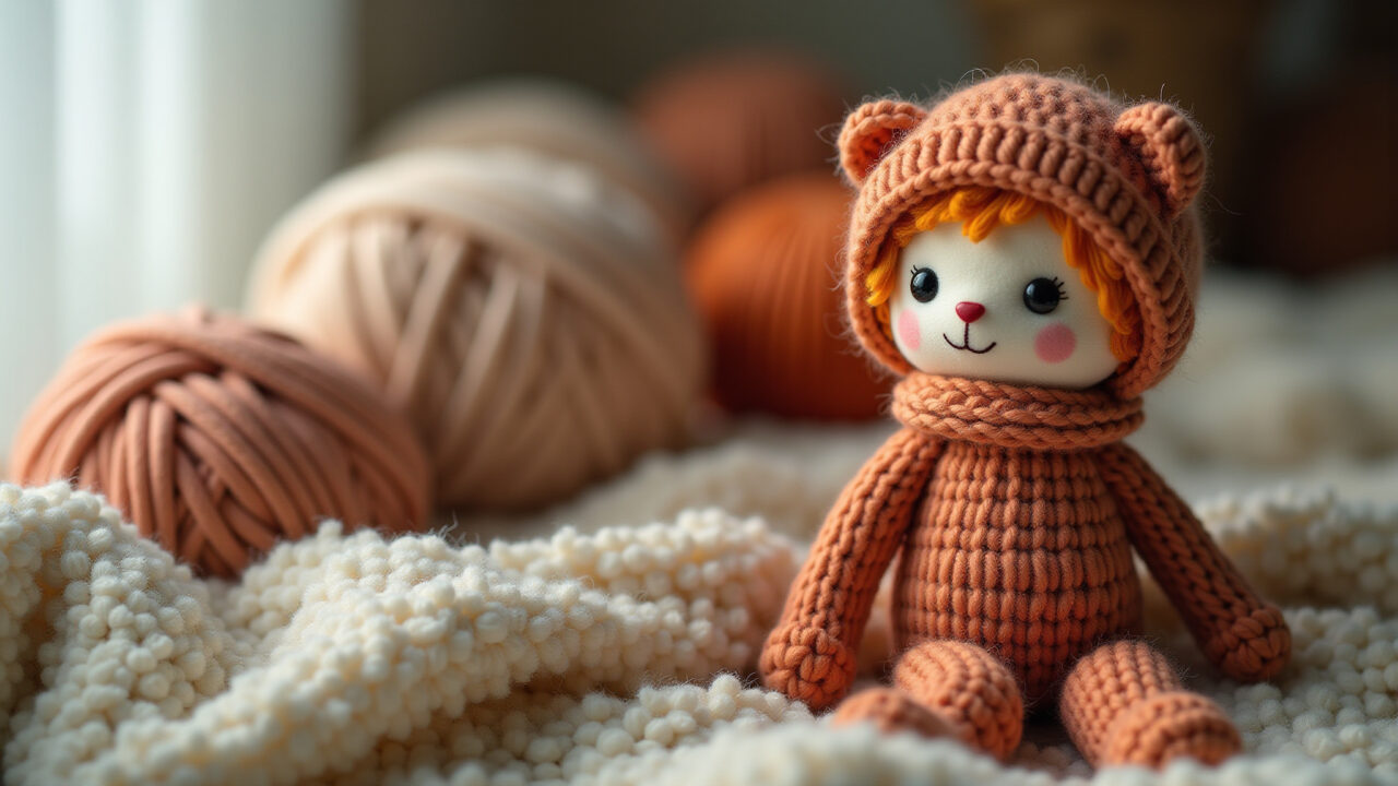 Cozy wool yarn for amigurumi, soft texture, warm colors, natural light, vintage doll, lifestyle Fio de lã macio para amigurumi, em tons quentes.
