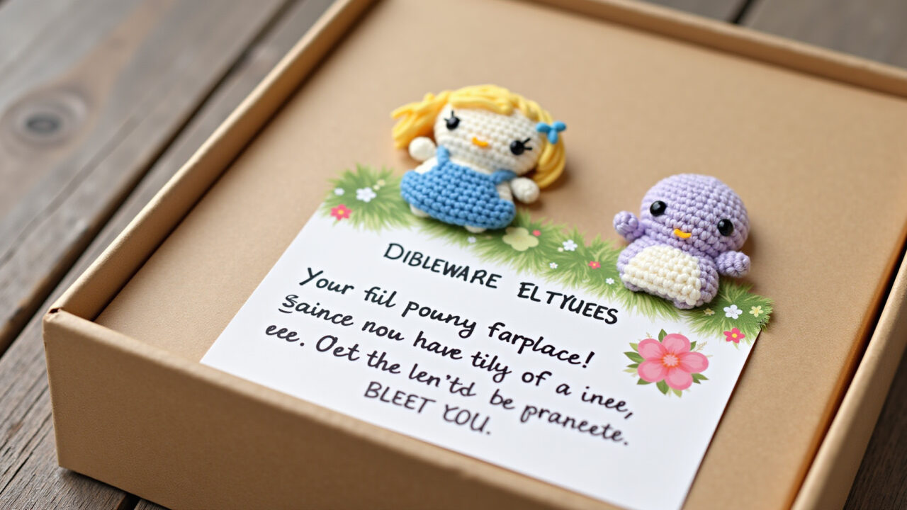Creative amigurumi packaging with personalized message, handwritten note, special phrase, Embalagem com mensagem personalizada para amigurumi.
