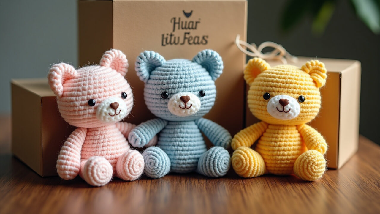 Creatively packaged amigurumi for shipping, Brazilian style. Professional photography, 8K quality, Amigurumi embalado de forma criativa para envio.
