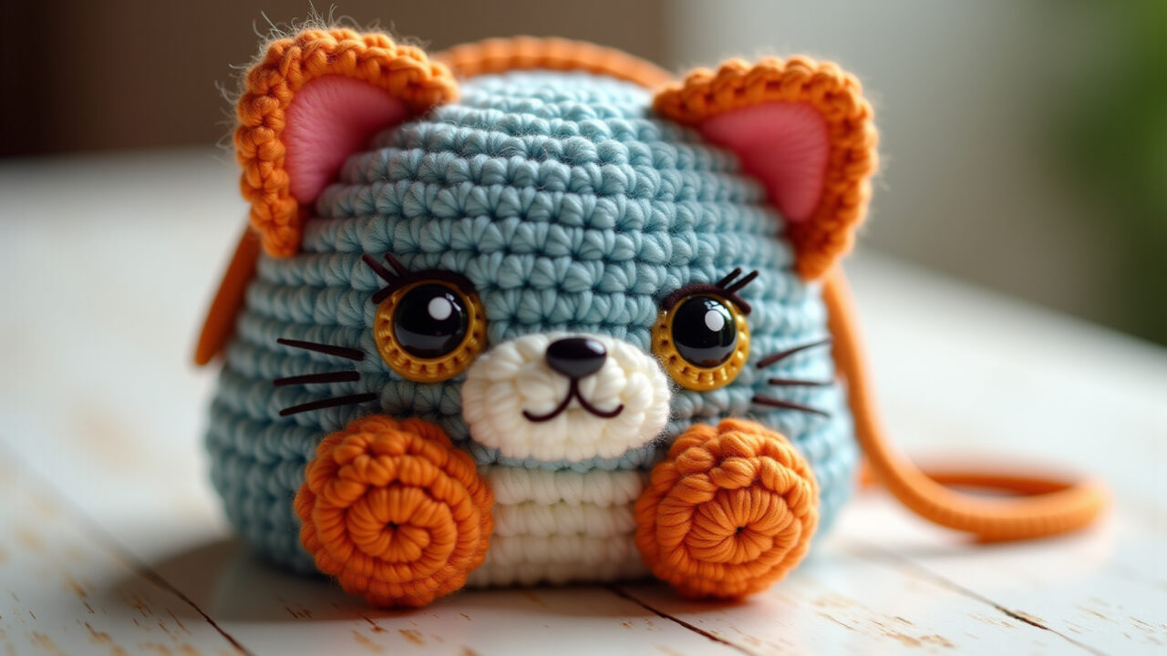Bolsa infantil de crochê em formato de gatinho, cores vibrantes.