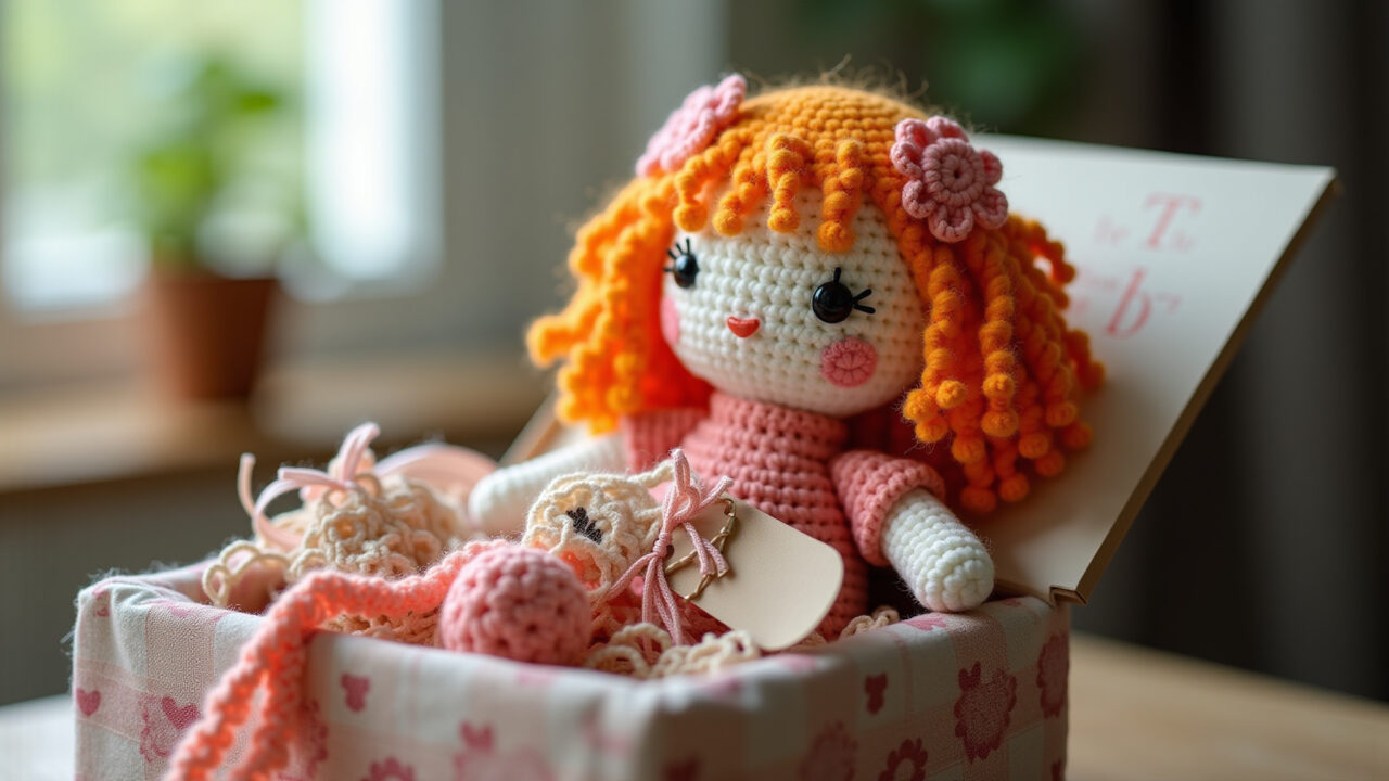 Boneca de crochê em uma embalagem criativa com fitas e etiquetas.