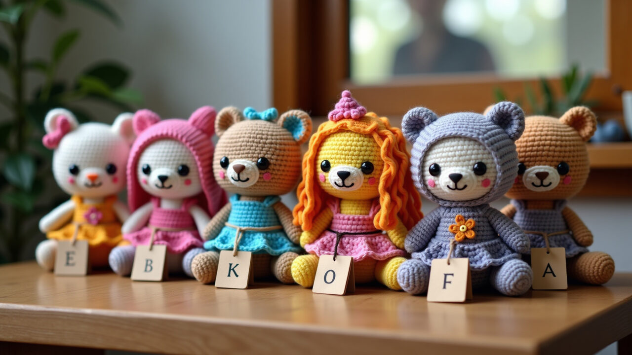 Bonecas de crochê com etiquetas de preço em uma mesa de madeira.