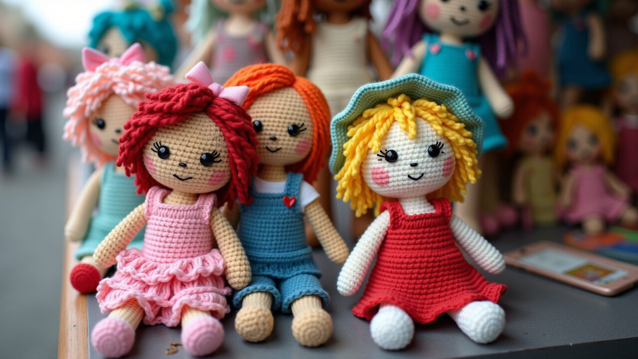 Bonecas de crochê com designs únicos em uma feira de artesanato.