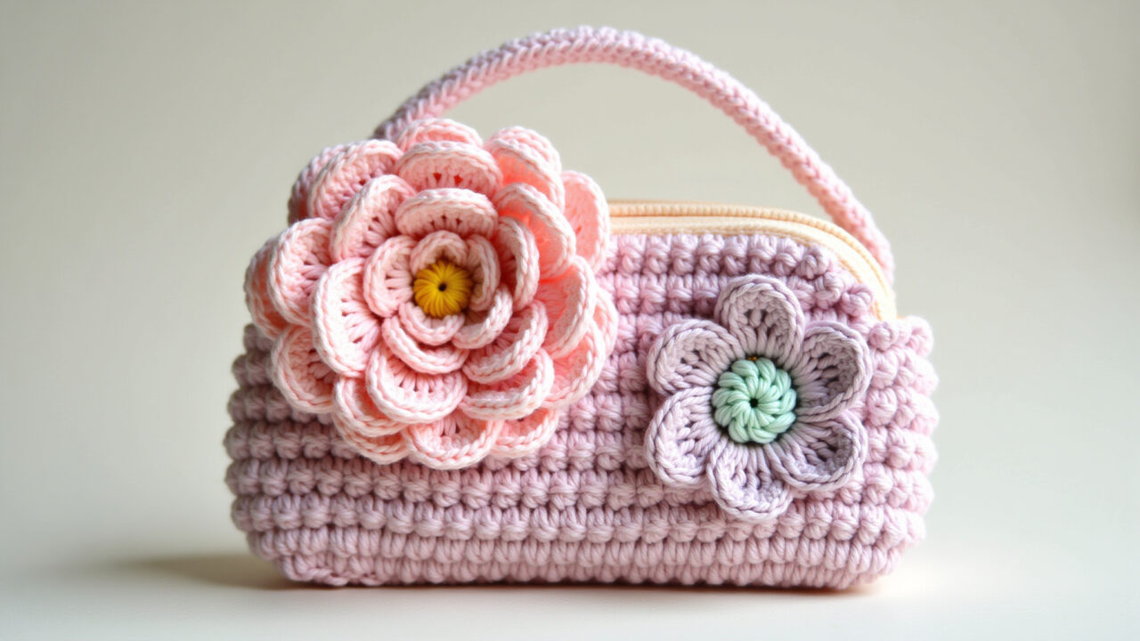 Bolsa infantil de crochê com aplicações de flores em tons pastel.