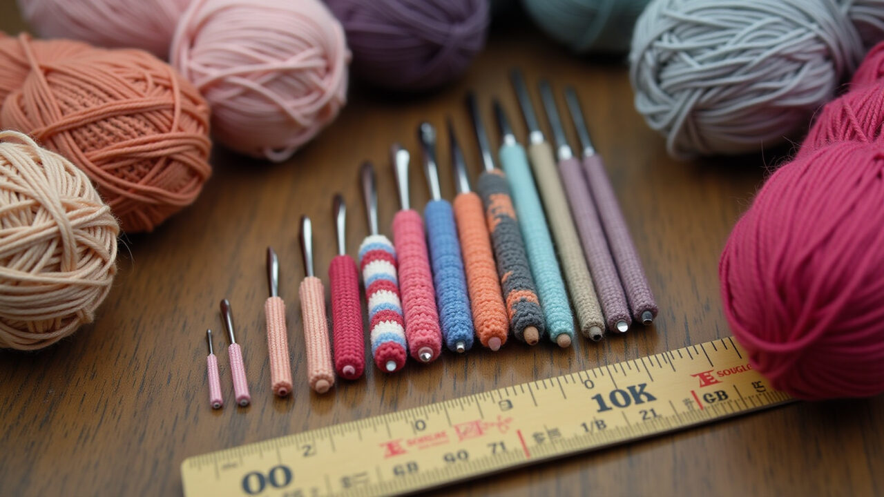 Crochet hook sizes next to amigurumi yarn skeins, measuring tape, close-up, studio lighting, 8k, Agulhas de crochê de diferentes tamanhos para fio de amigurumi.
