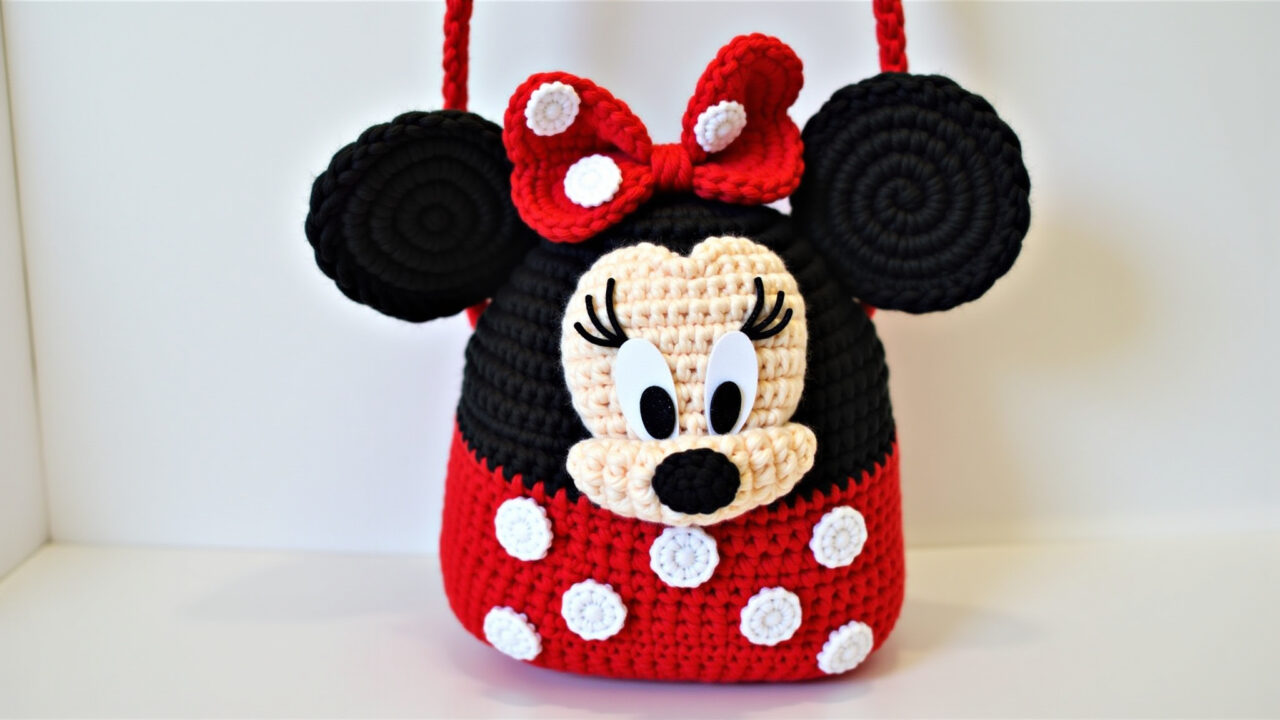 Bolsa infantil de crochê da Minnie Mouse, cores vibrantes.