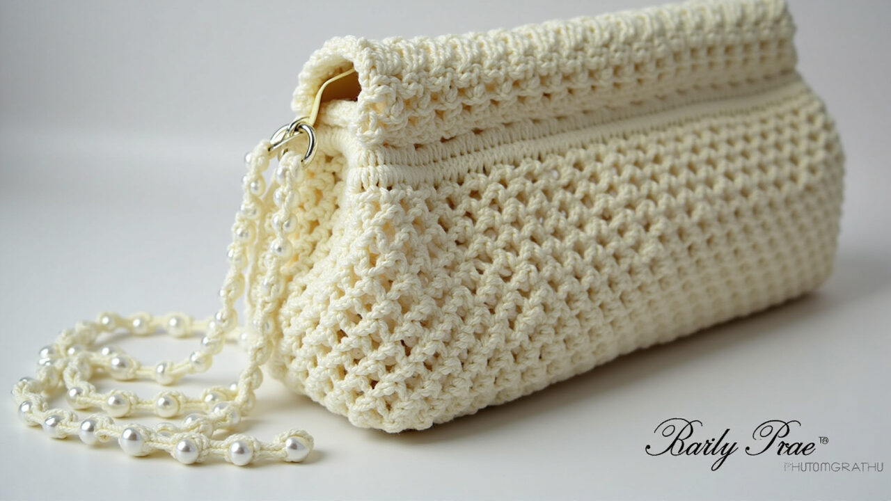 Bolsa infantil de crochê para festas com detalhes em pérolas.