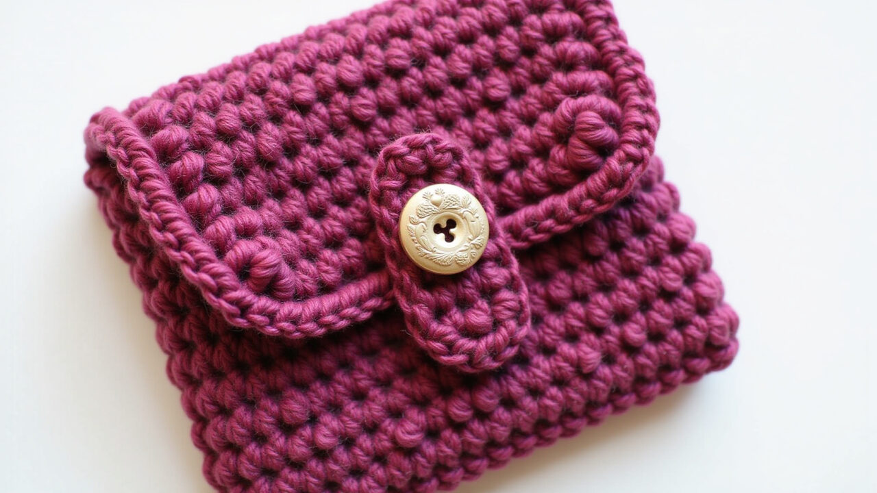 Bolsa infantil de crochê com fecho de botão para maior segurança.