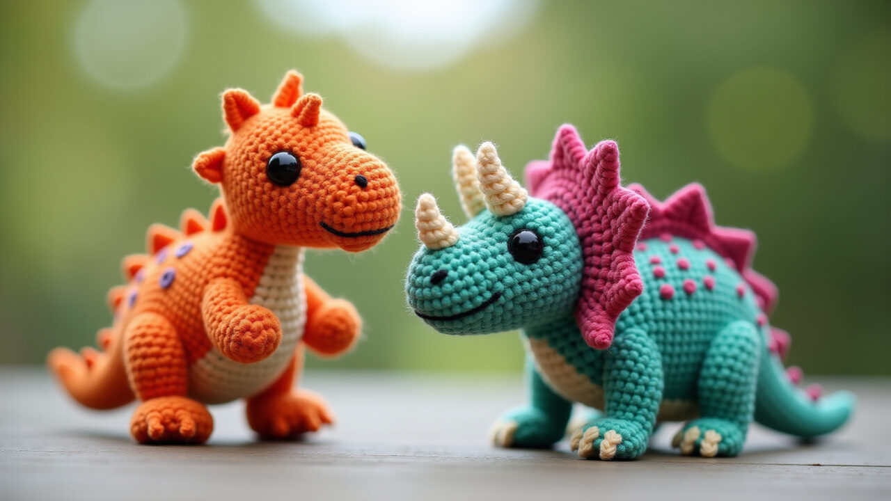 Crocheted amigurumi dinosaurs, T-Rex, Triceratops, bright colors, playful design, natural lighting, Amigurumis de dinossauros para o Dia das Crianças.