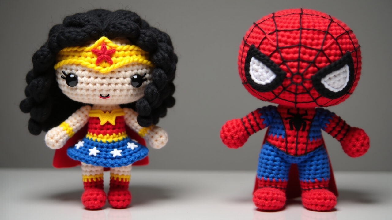 Crocheted amigurumi superhero figures, Wonder Woman, Spider-Man, vibrant colors, dynamic poses, 8K Amigurumis de super-heróis para o Dia das Crianças.