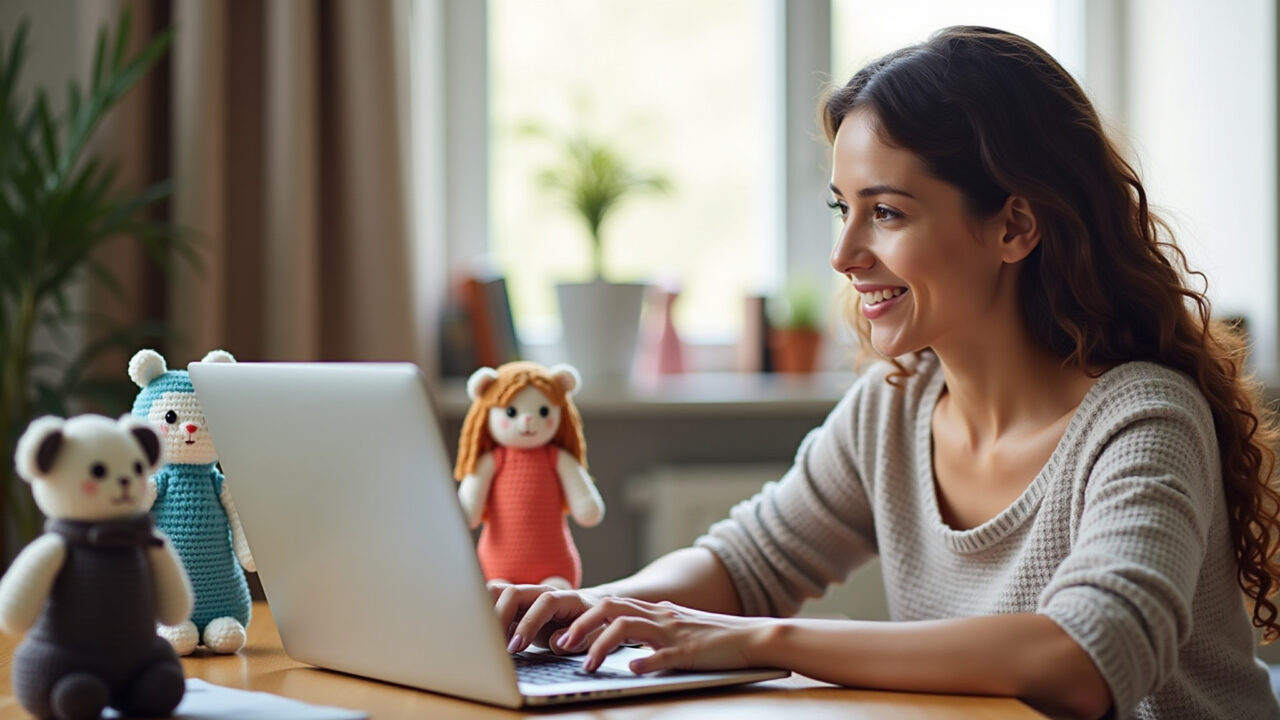 Crocheteira respondendo mensagens de clientes em um laptop.