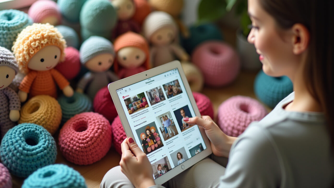 Crocheteira buscando inspiração no Pinterest para criar bonecas de crochê.