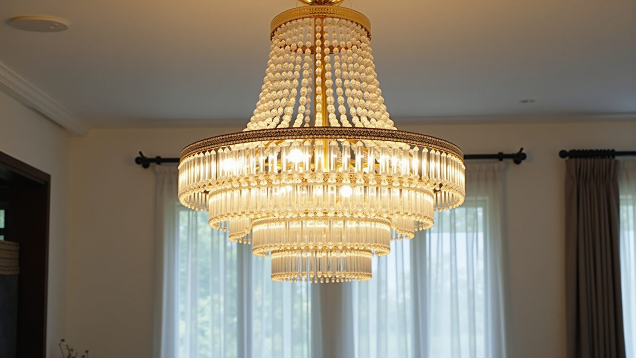 Crystal chandelier with minimalist design, golden details, reflecting light, double height living Lustre de cristal com design minimalista e detalhes dourados.