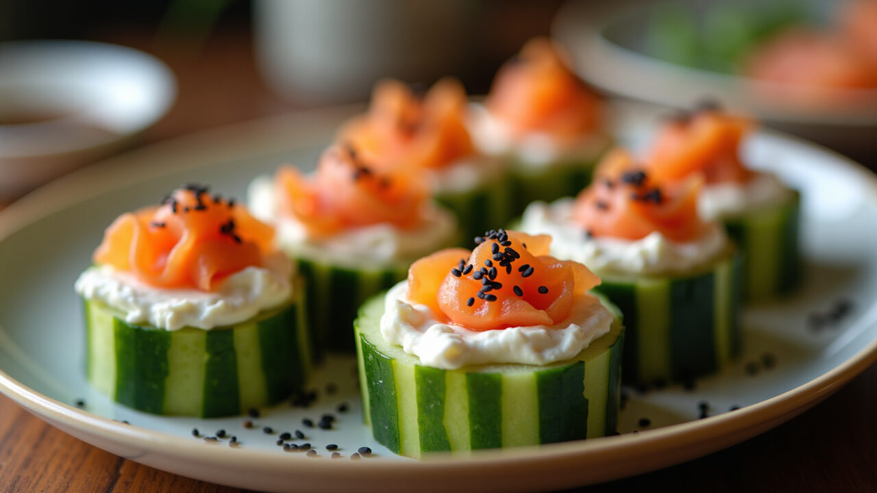 Rolinhos de pepino com salmão defumado e cream cheese.