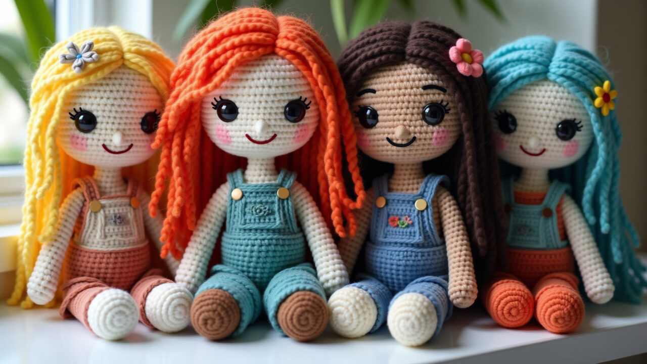 Customizable amigurumi doll, crocheted, diverse hair colors, outfits, Brazilian artisan style, Boneca de amigurumi personalizada para o Dia das Crianças.