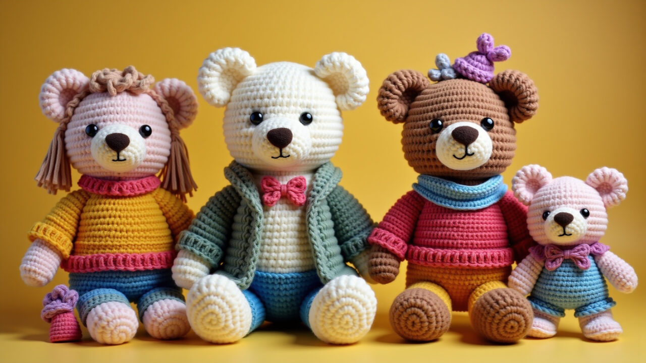 Amigurumi de urso com roupinhas de crochê personalizadas.