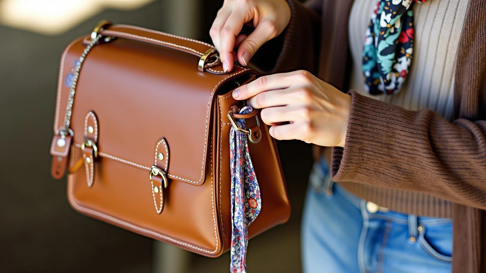 Mulher customizando bolsa de couro com lenço colorido e chaveiros.