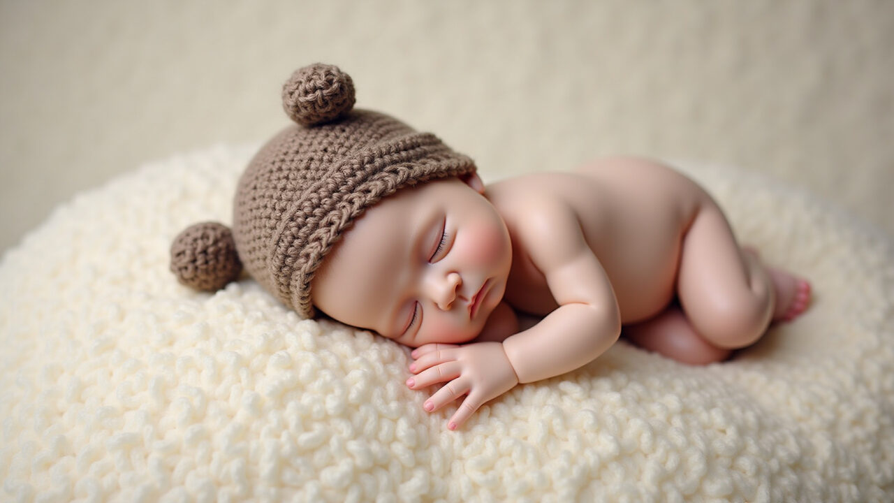 Cute amigurumi comfort doll, small and easy to carry, soft colors, baby sleeping, natural light, Boneco de apego de amigurumi para bebês de 9 a 12 meses.