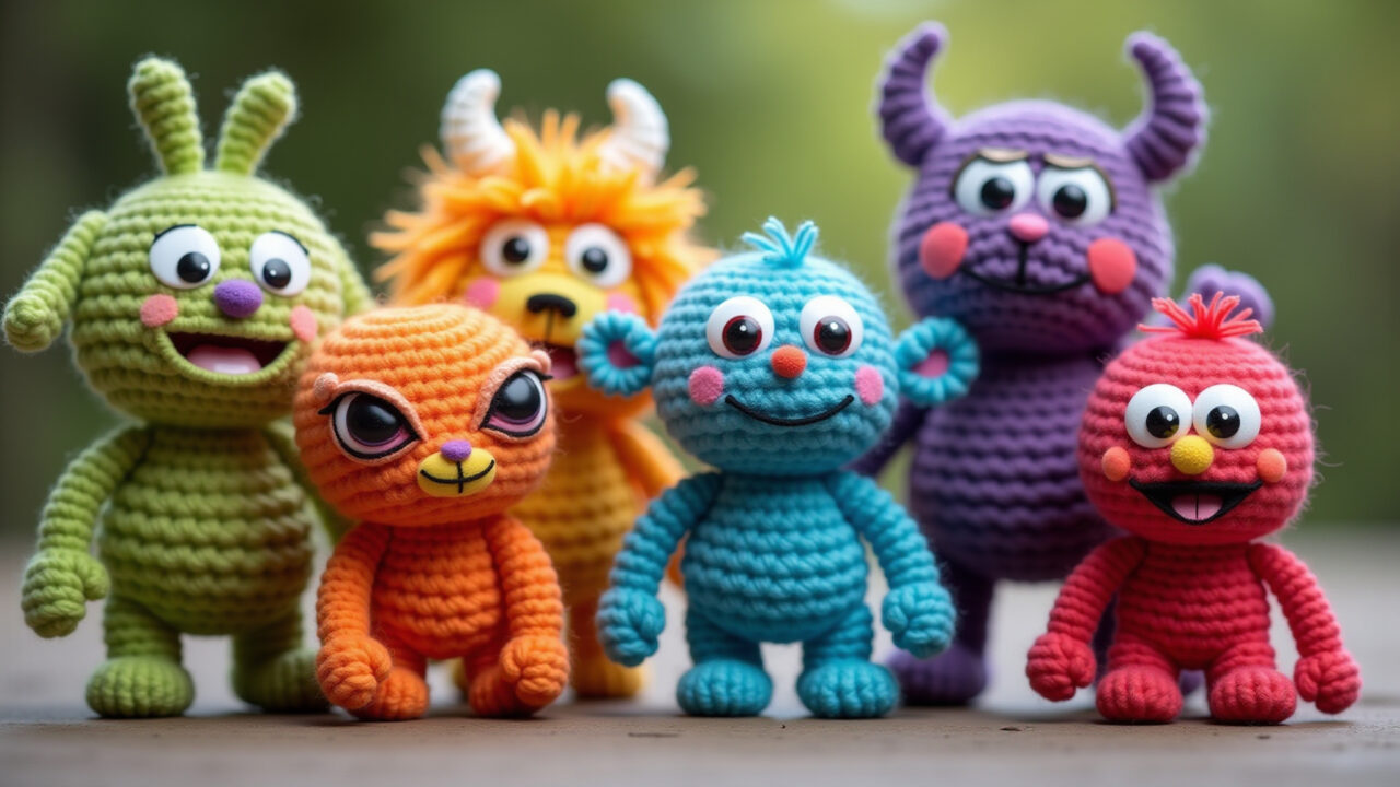 Cute amigurumi monsters, colorful, friendly expressions, crocheted, Brazilian artisan style, Amigurumis de monstros carinhosos para o Dia das Crianças.