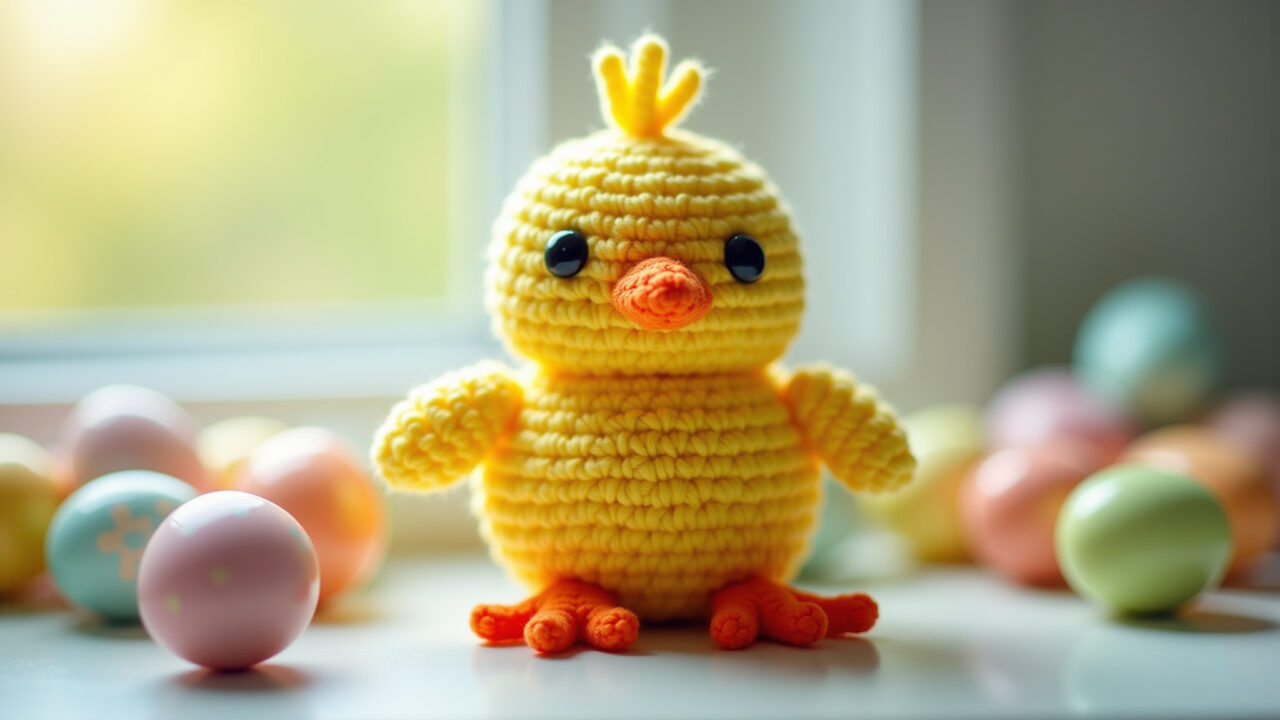 Cute yellow amigurumi chick, Easter decoration, soft focus, natural light, crochet details, 8K Pintinho de amigurumi amarelo, decoração de Páscoa.