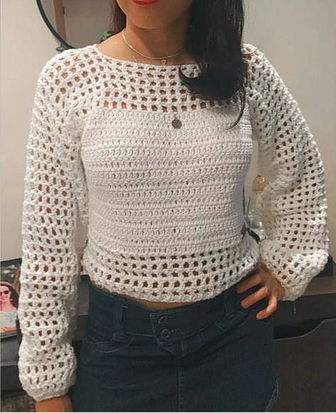Blusa manga longa de croche