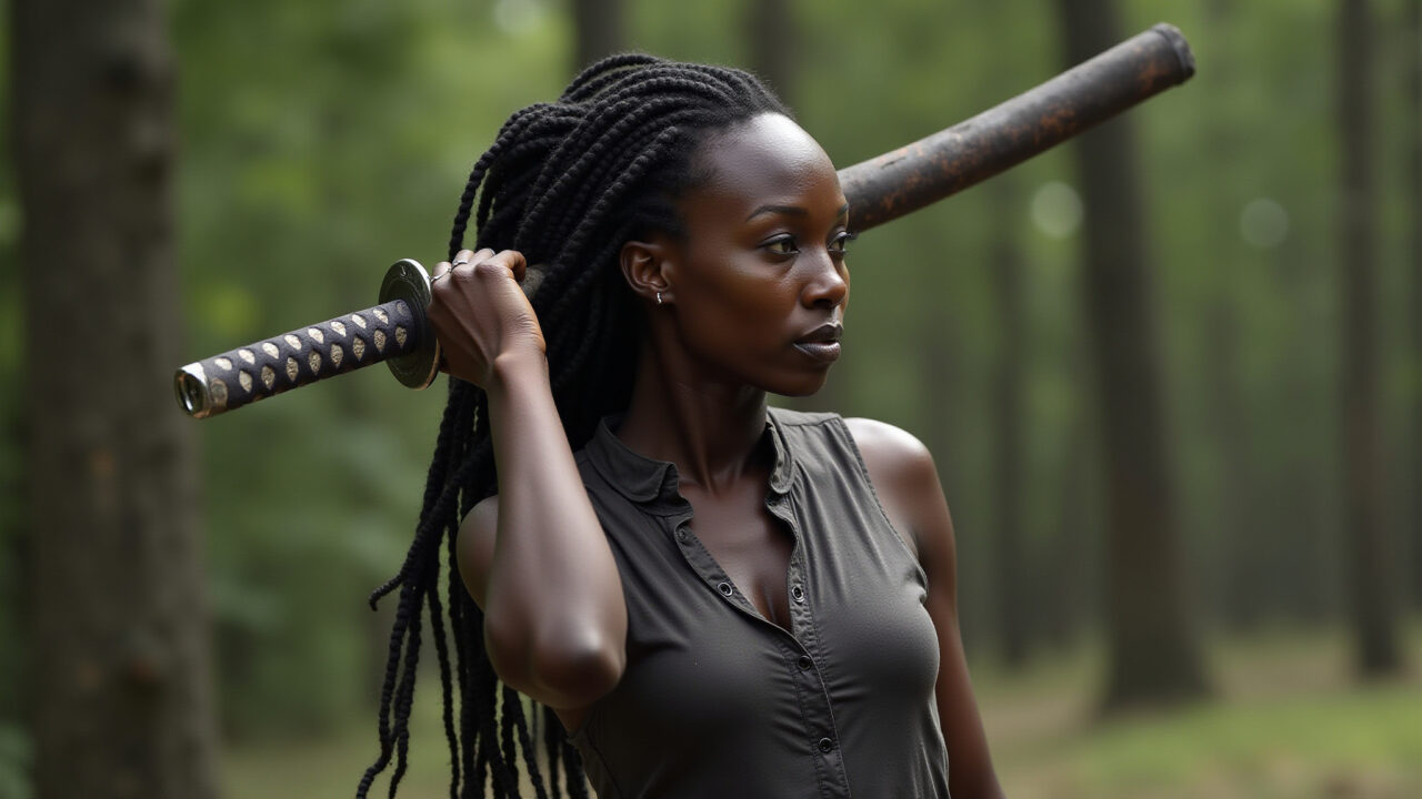 Michonne em The Walking Dead, empunhando sua katana com determinação.