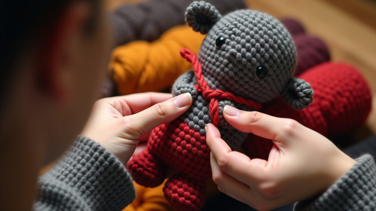 Dark yarn amigurumi color change, magic knot technique, hands demonstrating, warm lighting, Trocando cor em amigurumi com fio escuro.