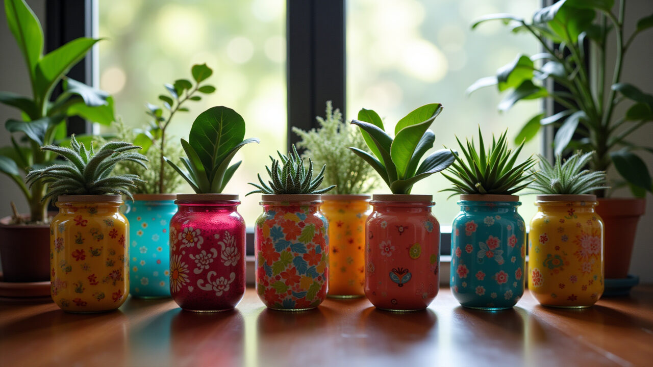 Cachepots decorados com garrafas PET em interior brasileiro.