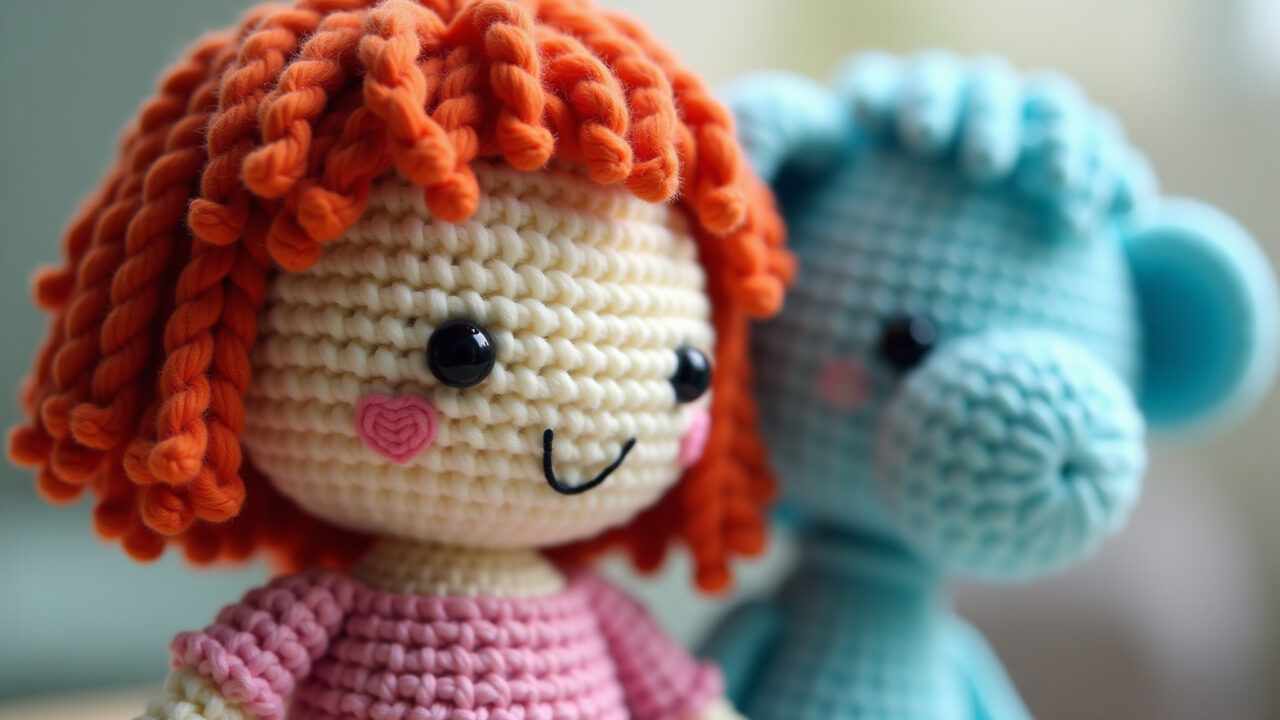 Detail of 'pa' double crochet stitch creating texture on amigurumi hair, bright colors, natural Ponto alto criando textura em cabelo de amigurumi.
