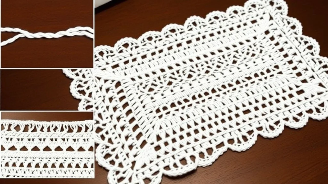Detailed step-by-step photo of a crocheted rectangular placemat pattern, showcasing the crochet Passo a passo detalhado de ponto de crochê para sousplat retangular.