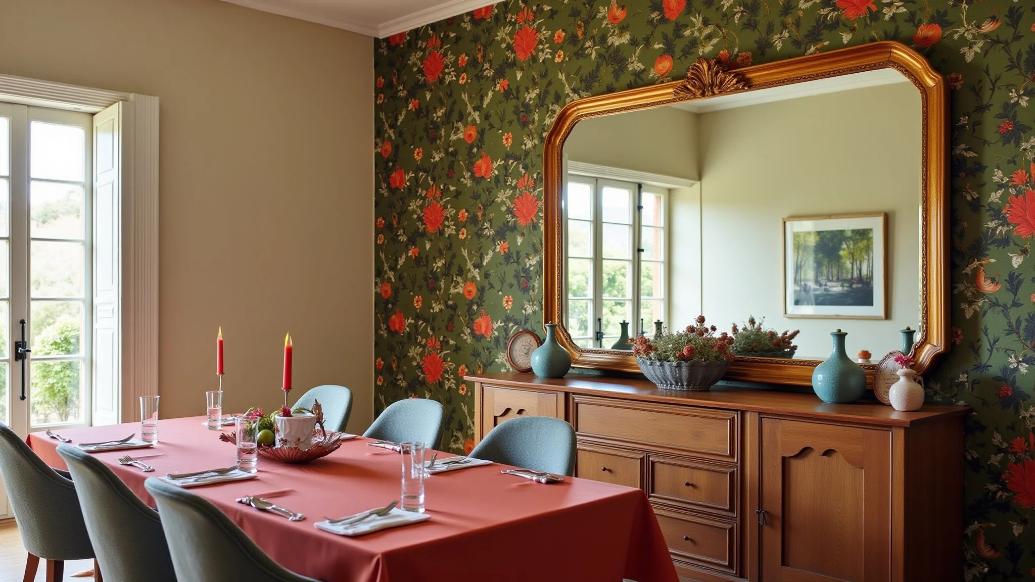 Sala de jantar com espelho, feng shui, ambiente vibrante e iluminado.