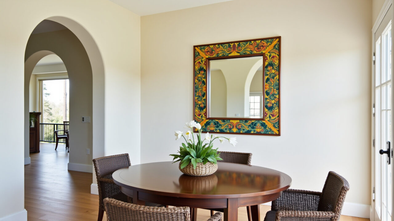 Espelho com moldura decorativa colorida em sala de jantar.