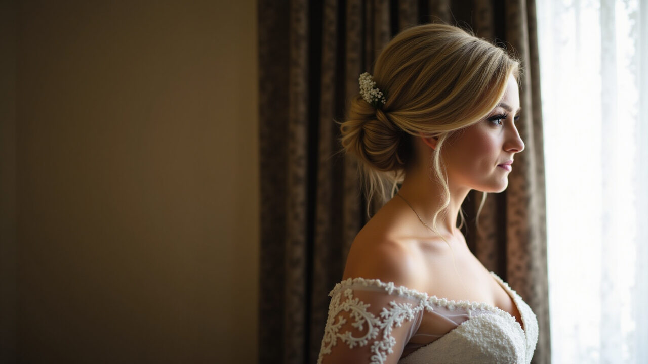 Discreet bride with low bun updo, wearing a long-sleeved wedding dress, sophisticated setting, soft Noiva discreta com coque baixo e vestido de mangas longas.