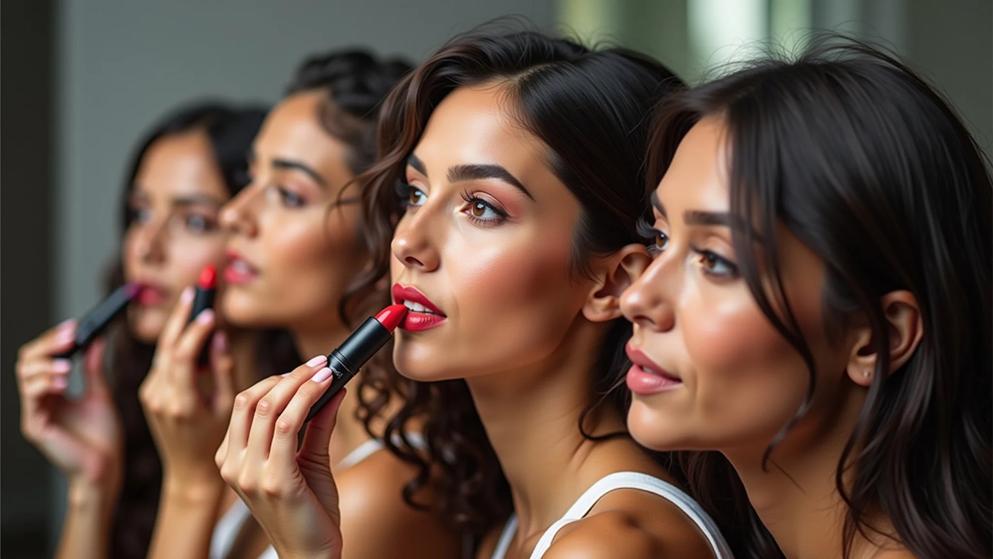 Grupo diverso de mulheres brasileiras aplicando batons MAC.