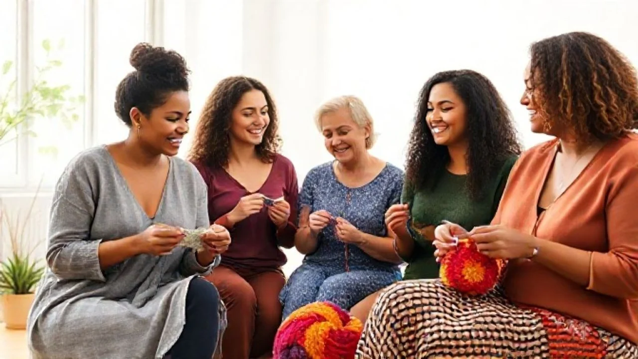 Grupo de mulheres brasileiras tricotando e crocheteando juntas. Artesanato e amizade.