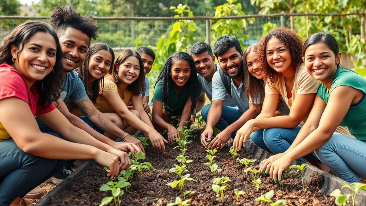 Grupo diverso de brasileiros plantando em horta comunitária. Voluntariado no Brasil.
