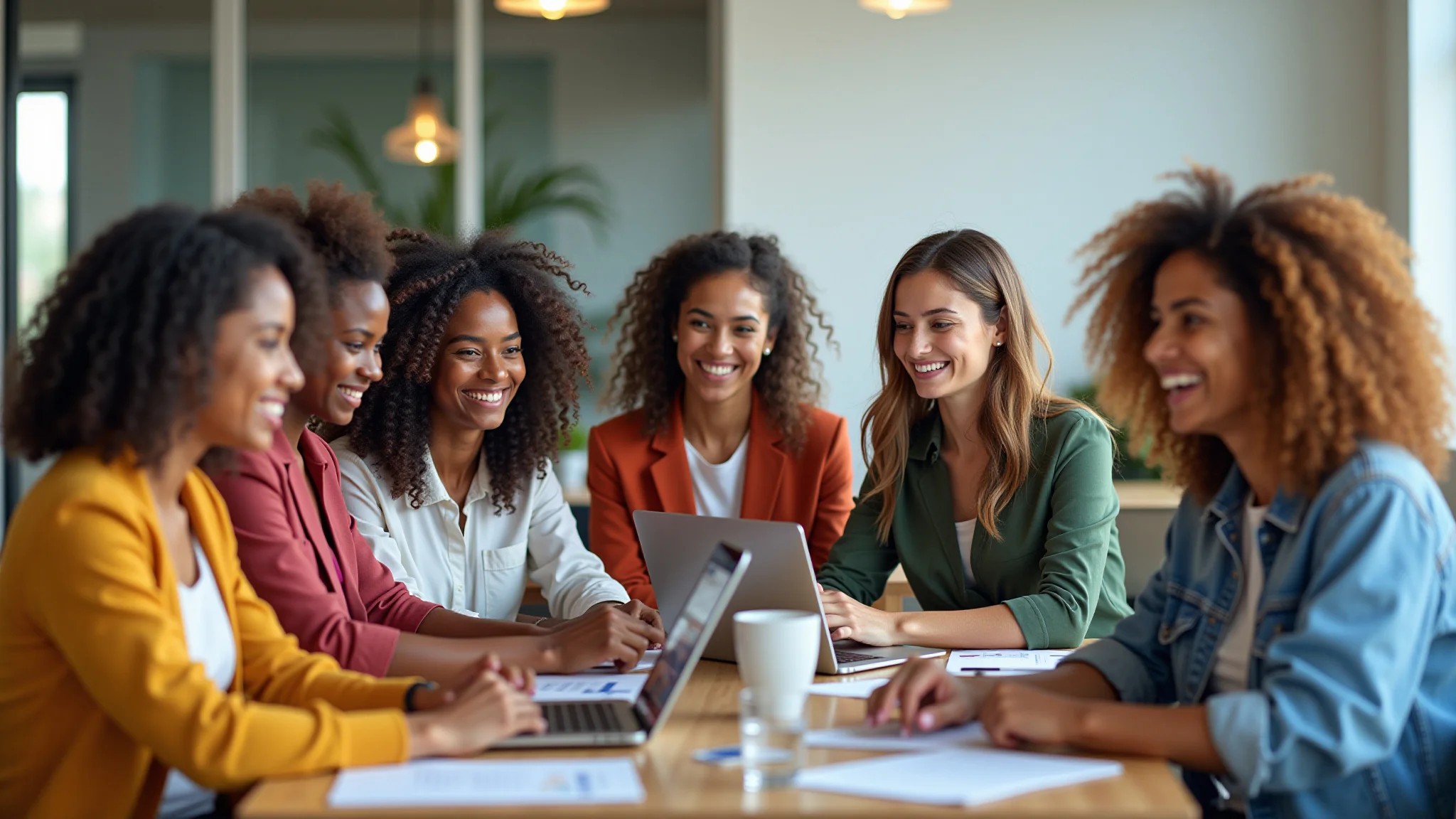 Grupo diverso de mulheres colaborando em reunião de marketing digital.