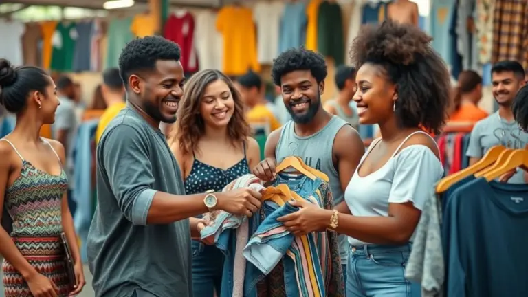 Jovens trocando roupas em brechó vibrante, moda circular em ação.