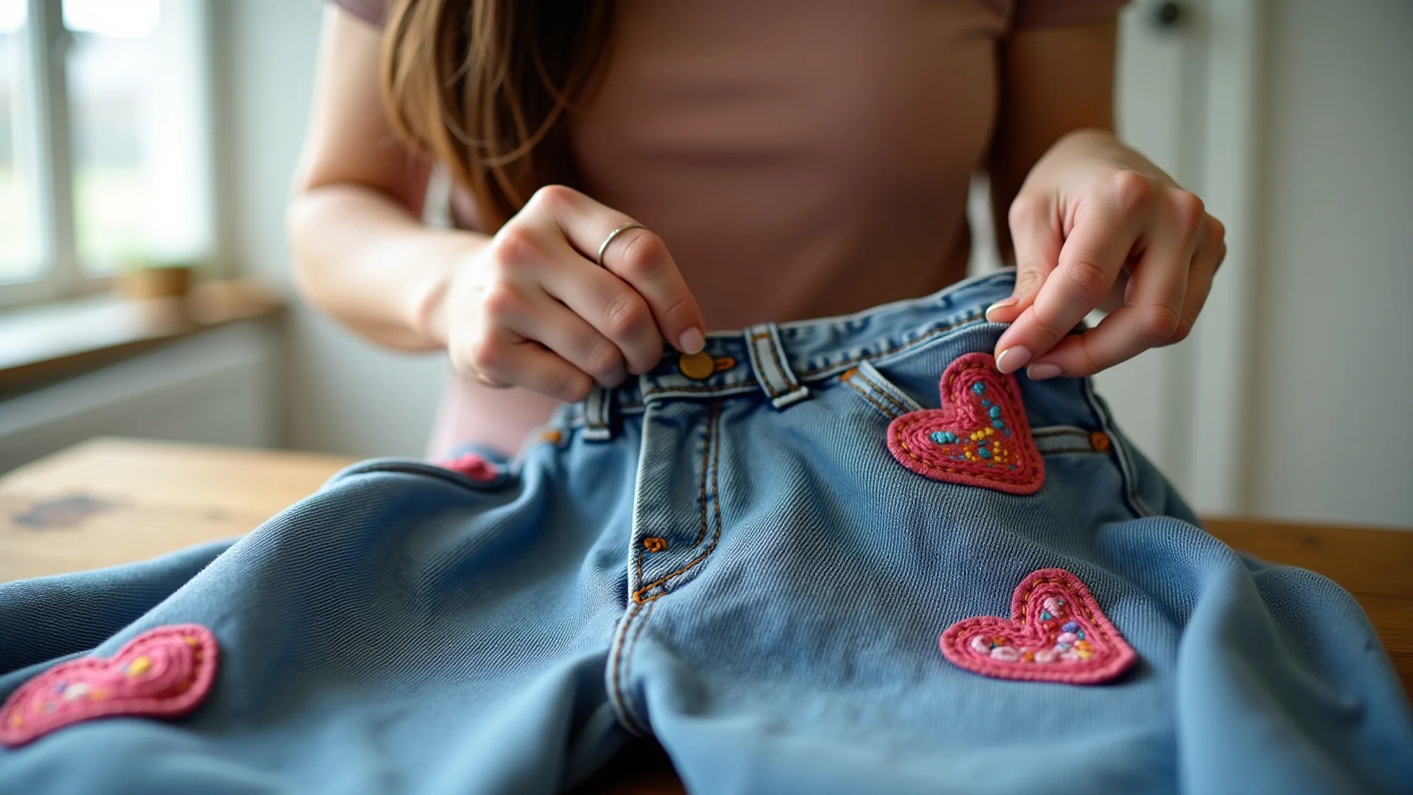 Mulher customizando jeans antigos com patches coloridos e bordados em casa.