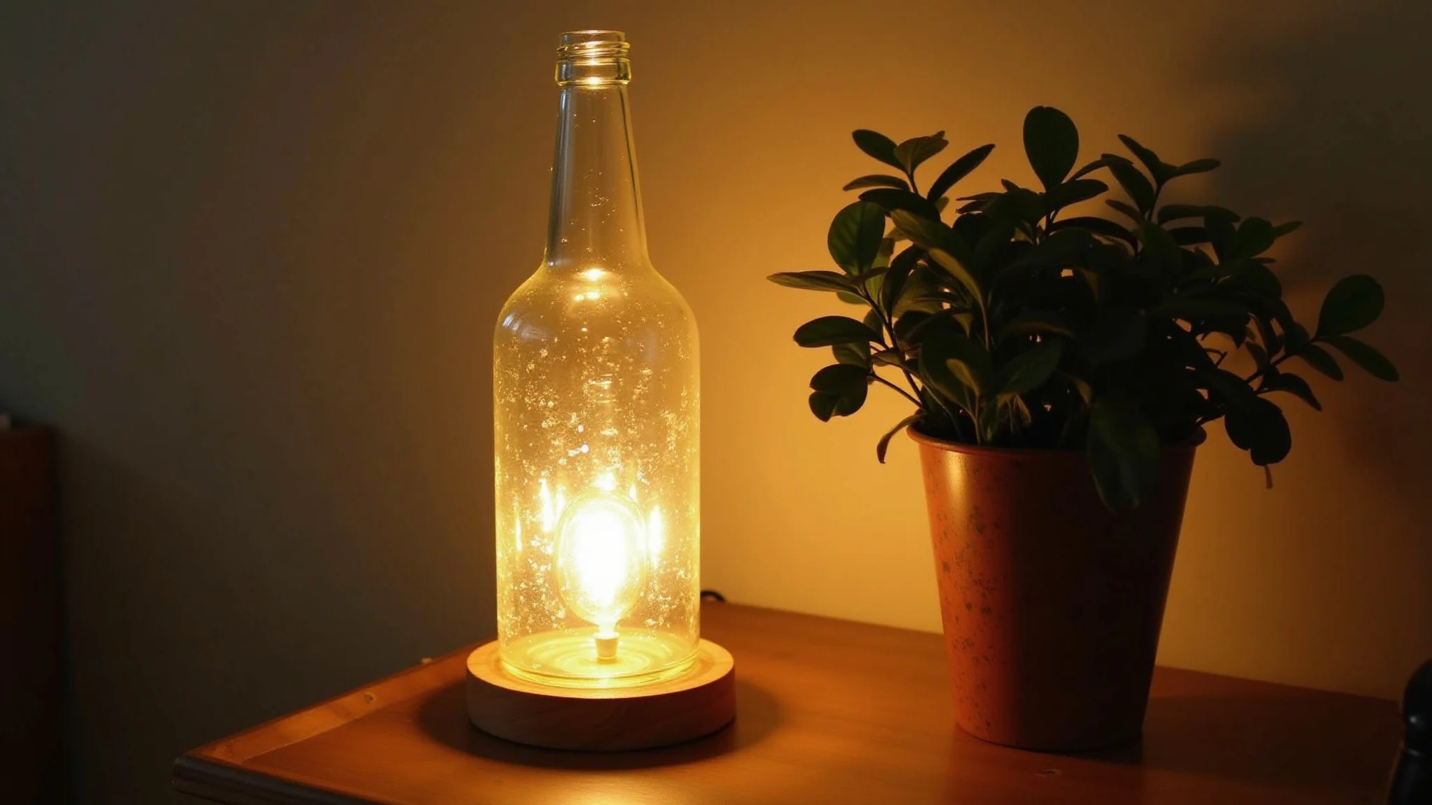 Luminária DIY feita de garrafa de vidro em mesa de madeira rústica.