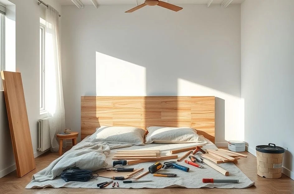 Projeto DIY de cabeceira de madeira em apartamento brasileiro.