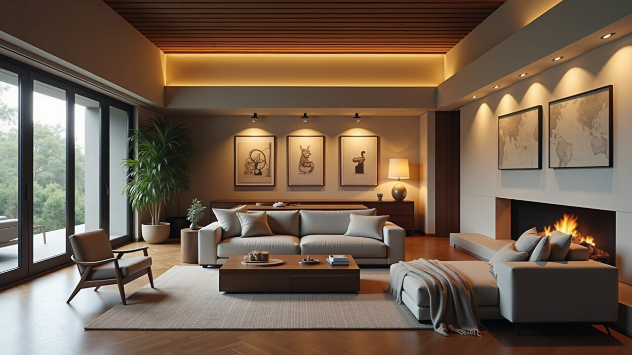 Double-height living room, indirect lighting, art pieces, cozy atmosphere, Brazilian design, 8K, Sala com pé direito duplo, iluminação indireta e obras de arte.
