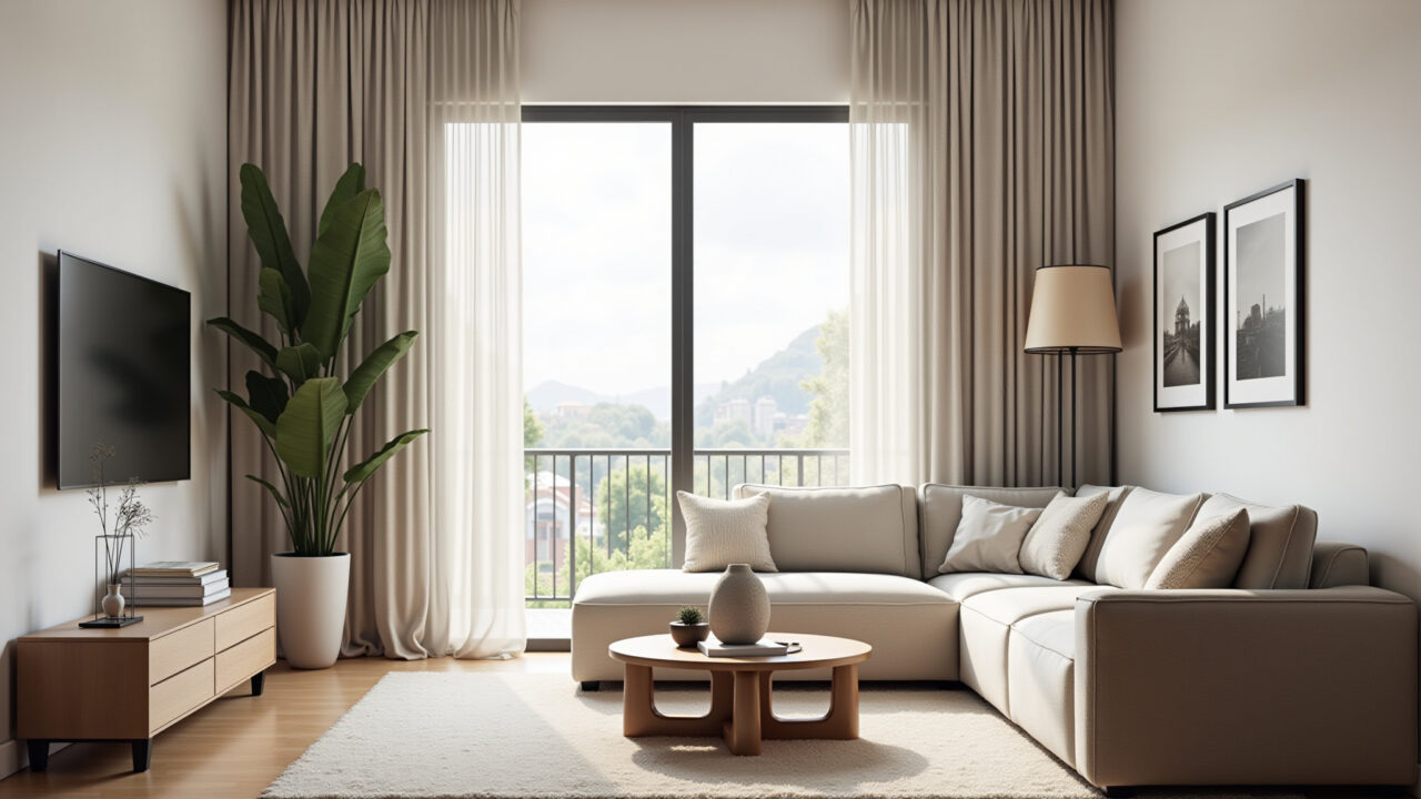 Double height living room, linen curtains, bright, airy, natural light, minimalist decor, Brazilian Sala de estar arejada com cortinas de linho para pé direito duplo.