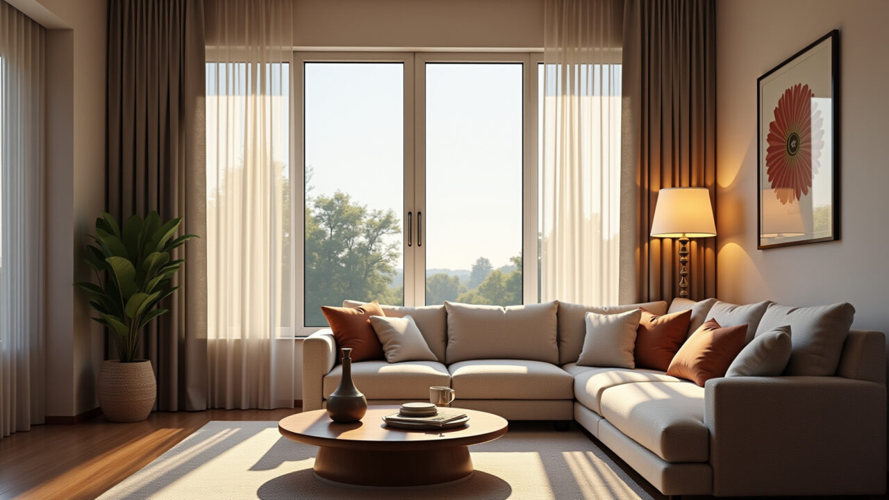 Double height living room, sheer curtains, soft light, elegant lamps, cozy decor, Brazilian style, Sala de estar com cortinas translúcidas para pé direito duplo e iluminação suave.
