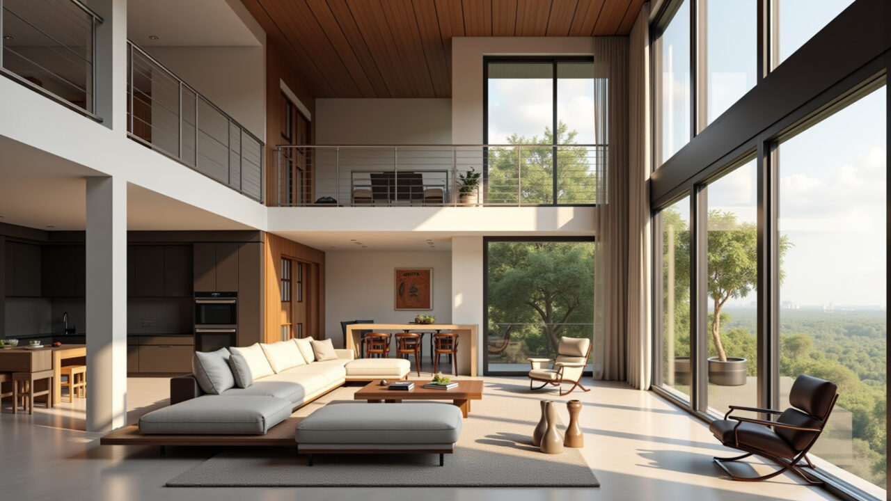 Double-height living room with large furniture, mezzanine, Brazilian decor, spacious sofa, natural Sala de estar com móveis grandes e mezanino.