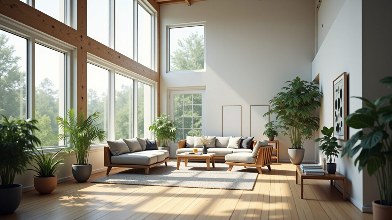Double-height living room with large windows, natural light, green plants, minimalist design, 8K, Sala de estar com pé direito duplo, plantas e iluminação natural abundante.