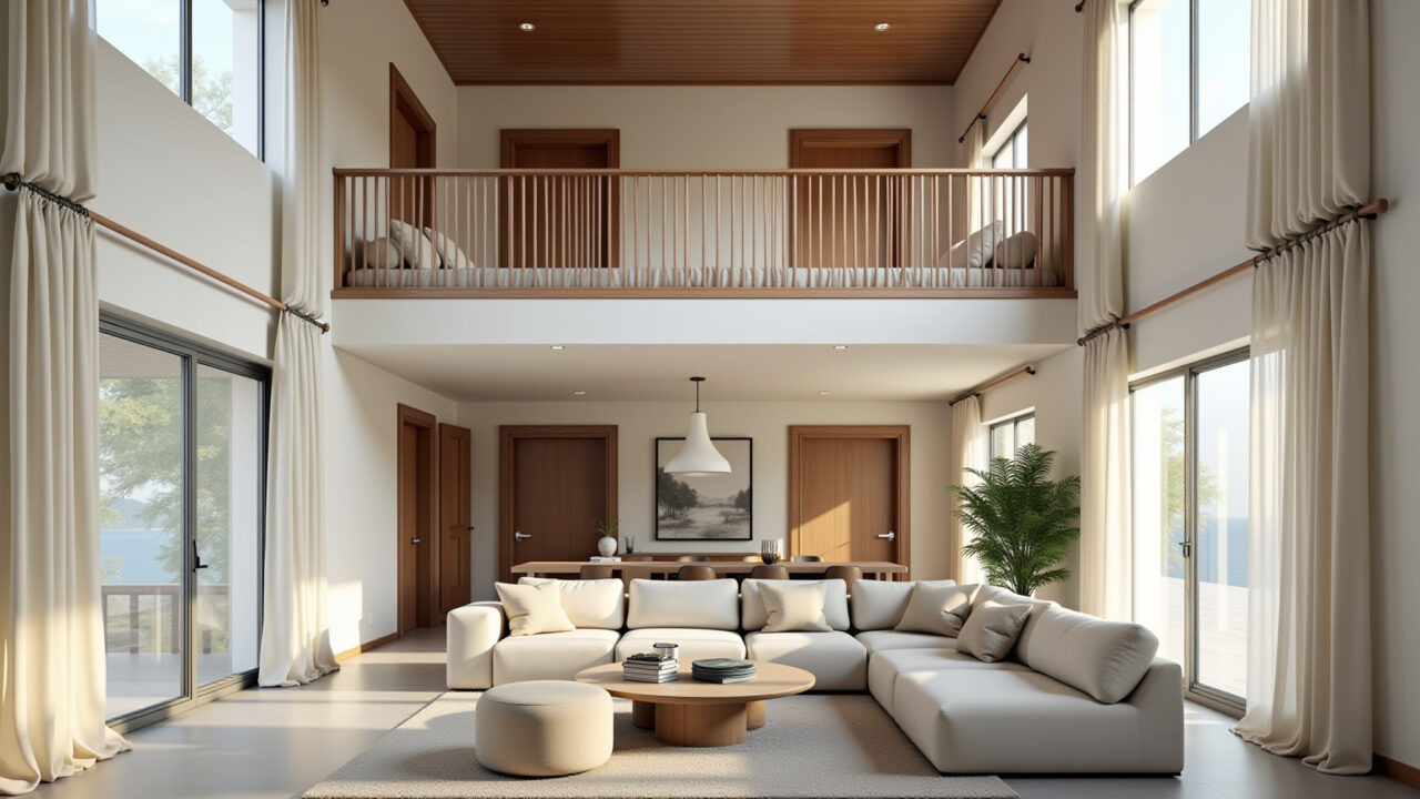 Double-height living room with light colors, mezzanine, Brazilian design, linen curtains, natural Sala de estar com cores claras e mezanino.