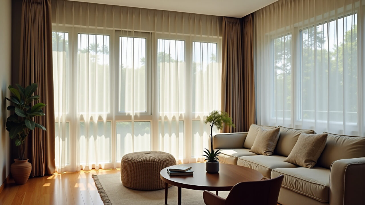Double-height living room with light curtains, natural light, comfortable sofa, Brazilian decor, Sala com pé direito duplo, cortinas leves e decoração brasileira.