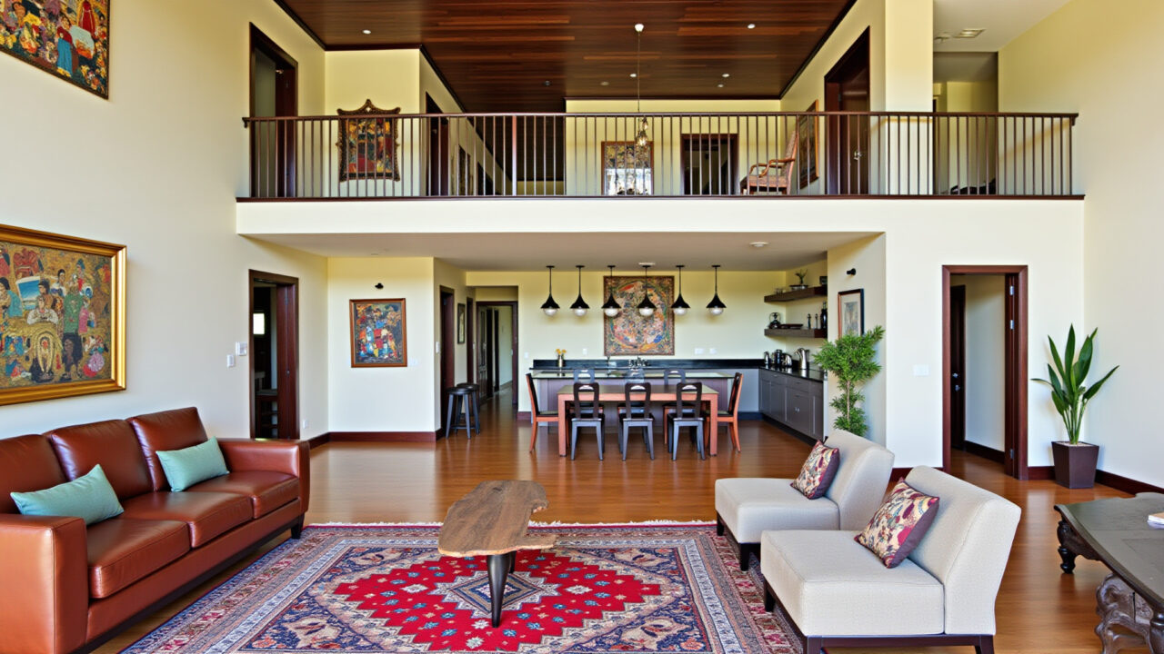 Double-height living room with mezzanine, integrated decor, Brazilian style, colorful rugs, vibrant Sala de estar com mezanino e decoração integrada.